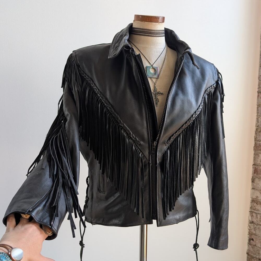 Vintage Black Leather Biker Jacket Fringe Sexy Moto Cowgirl Western Coat Small - Picture 1 of 12